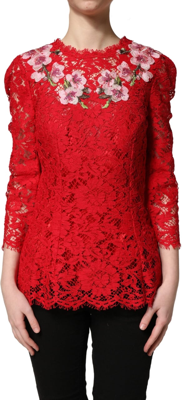 Dolce & Gabbana Red Lace Floral Embroidery Long Sleeves Top Rood