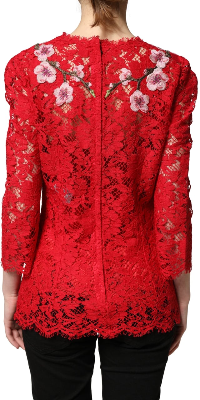 Dolce & Gabbana Red Lace Floral Embroidery Long Sleeves Top Rood