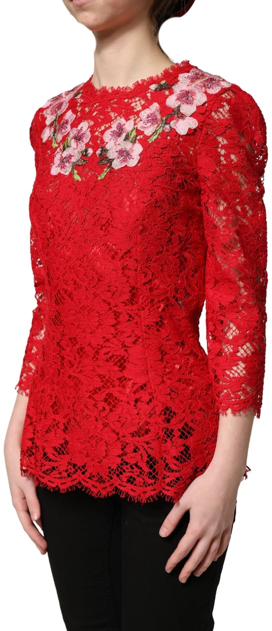 Dolce & Gabbana Red Lace Floral Embroidery Long Sleeves Top Rood