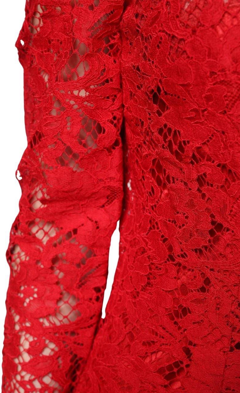 Dolce & Gabbana Red Lace Floral Embroidery Long Sleeves Top Rood