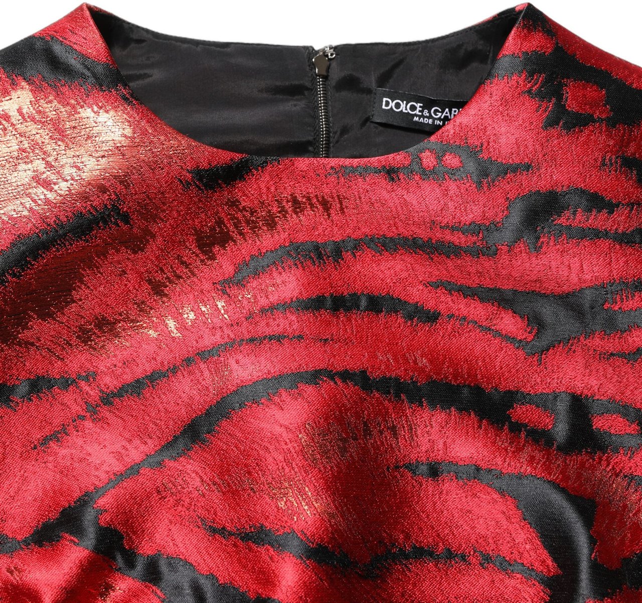 Dolce & Gabbana Red Black Tiger Print Jacquard Flared Dress Divers