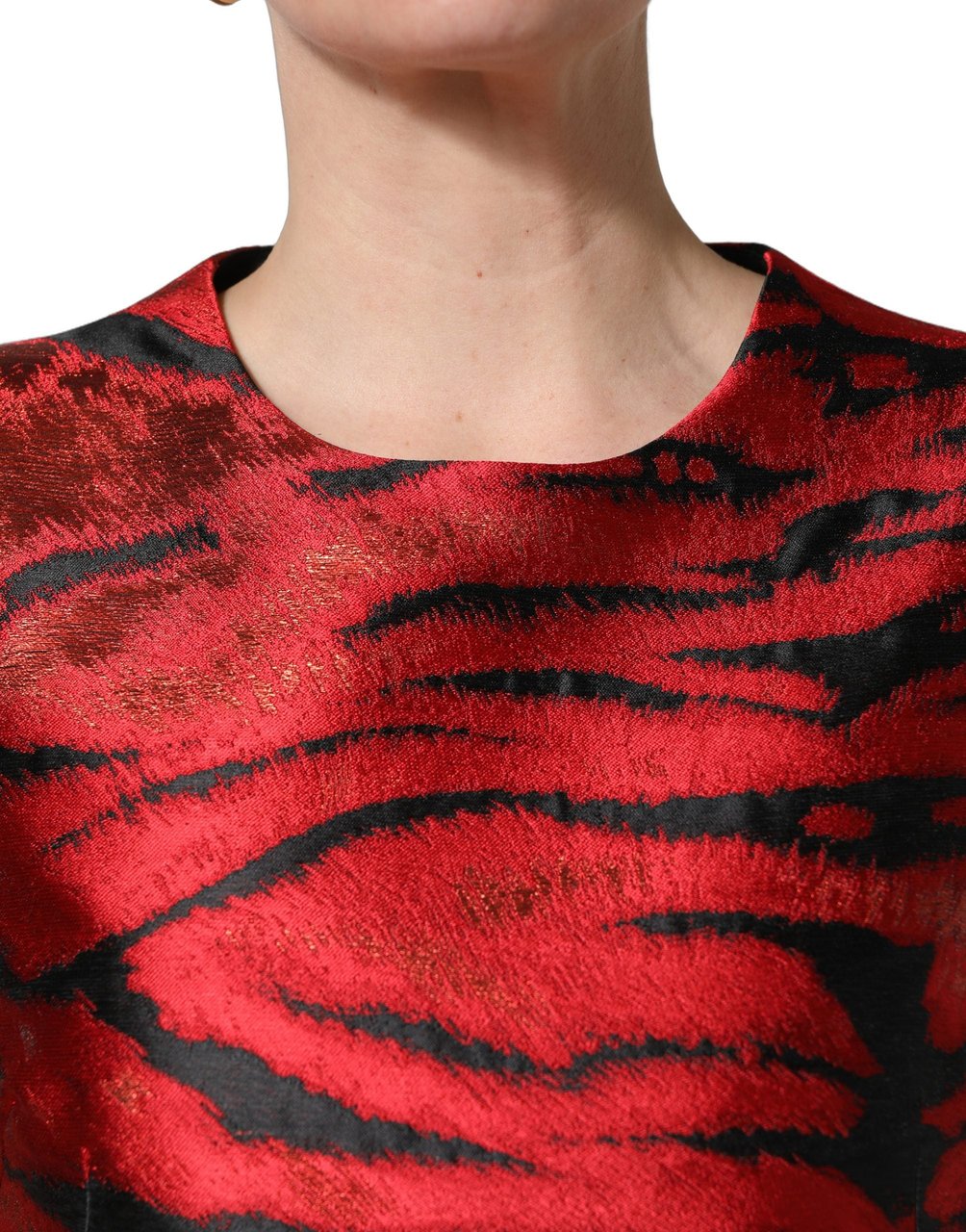 Dolce & Gabbana Red Black Tiger Print Jacquard Flared Dress Divers