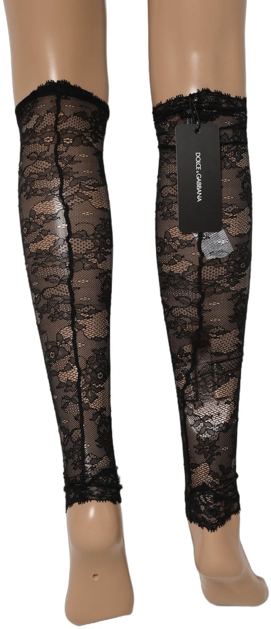 Dolce & Gabbana Black Floral Lace Nylon Stretch Knee Socks Zwart
