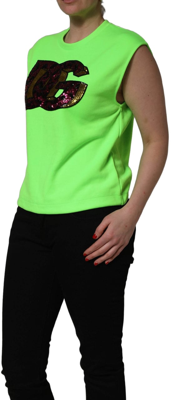 Dolce & Gabbana Neon Green DG Sequined Sleeveless Jersey Top Groen