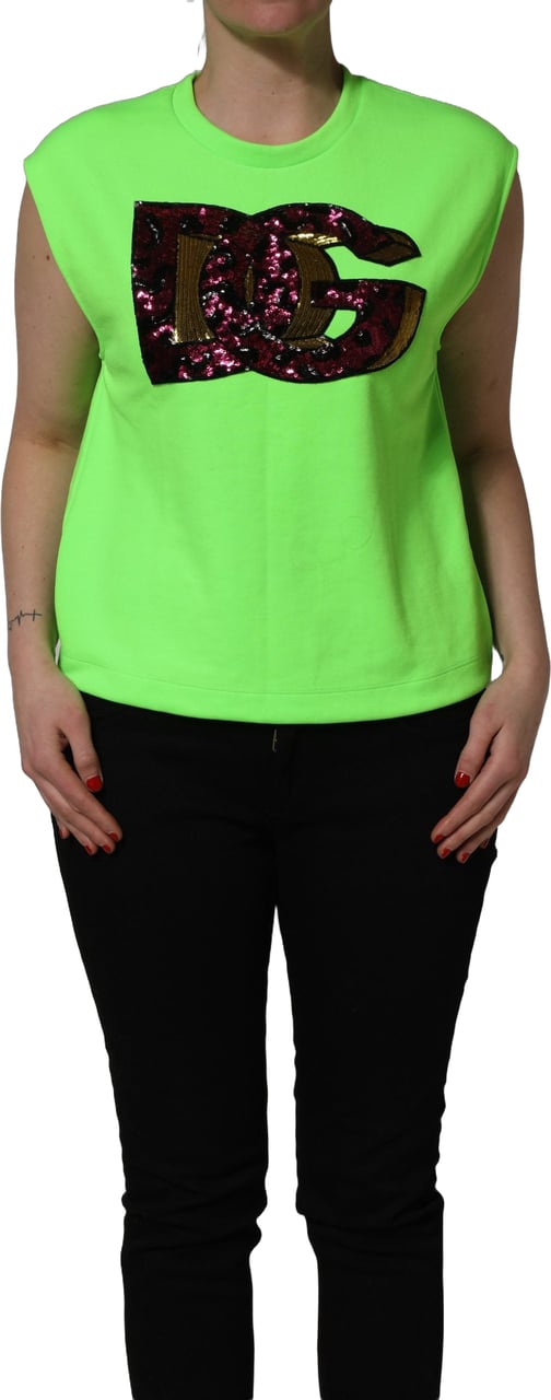 Dolce & Gabbana Neon Green DG Sequined Sleeveless Jersey Top Groen