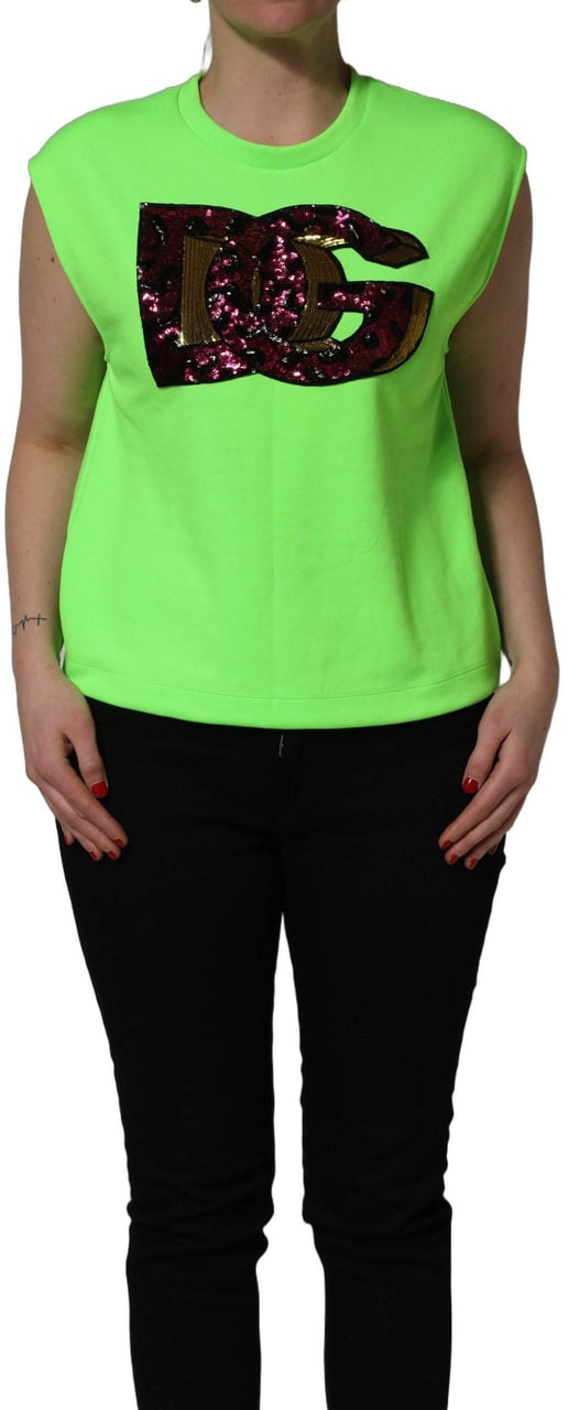 Dolce & Gabbana Neon Green DG Sequined Sleeveless Jersey Top Groen