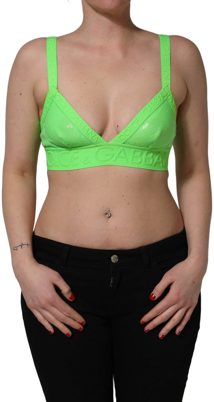 Dolce & Gabbana Neon Green Soft Cup Logo-Trim Bra Cropped Top Groen