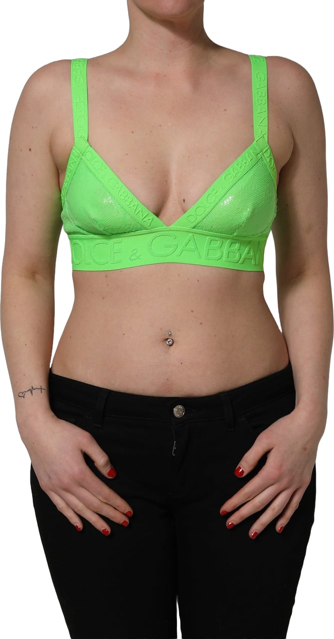 Dolce & Gabbana Neon Green Soft Cup Logo-Trim Bra Cropped Top Groen