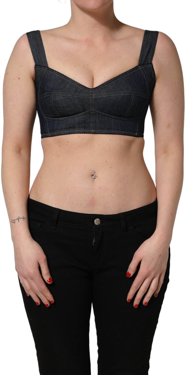 Dolce & Gabbana Black Denim Corset Bralette Cotton Cropped Top Zwart