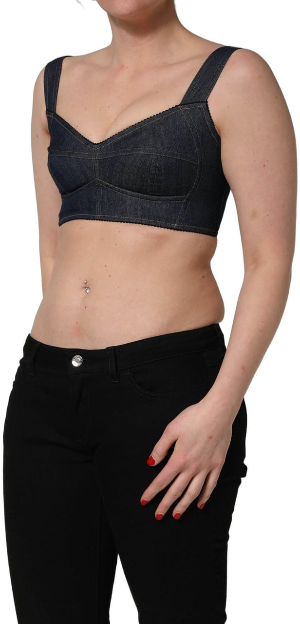 Dolce & Gabbana Black Denim Corset Bralette Cotton Cropped Top Zwart