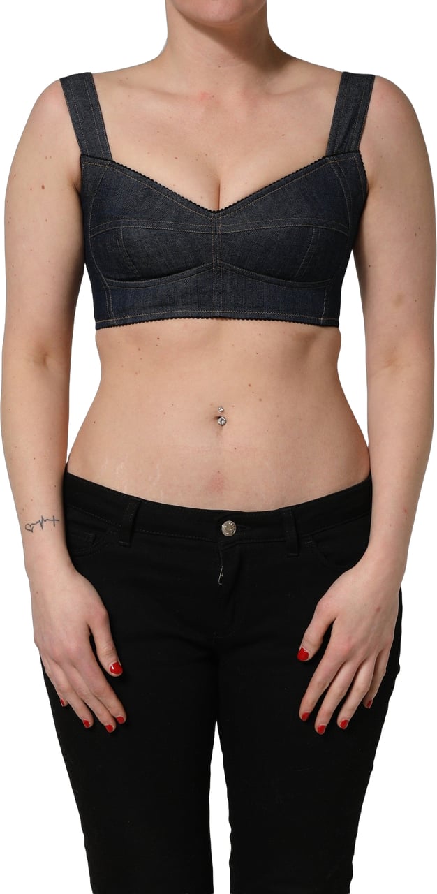 Dolce & Gabbana Black Denim Corset Bralette Cotton Cropped Top Zwart