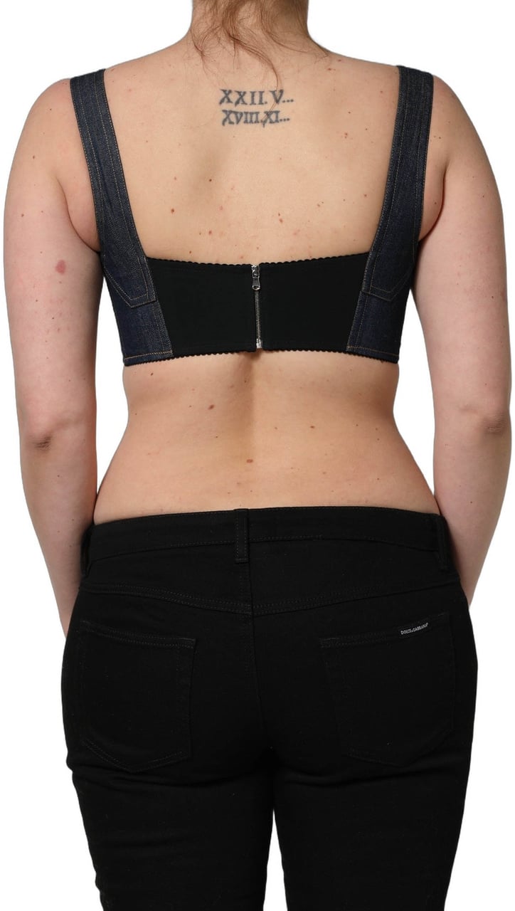 Dolce & Gabbana Black Denim Corset Bralette Cotton Cropped Top Zwart