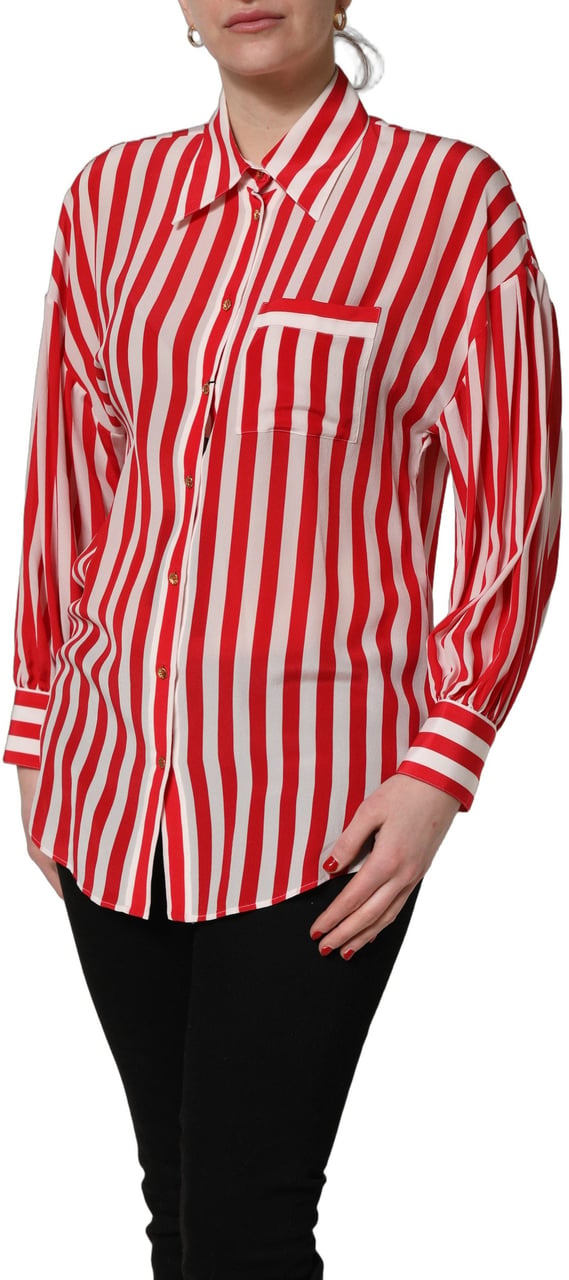 Dolce & Gabbana Red White Striped Long Sleeve Silk Blouse Top Rood