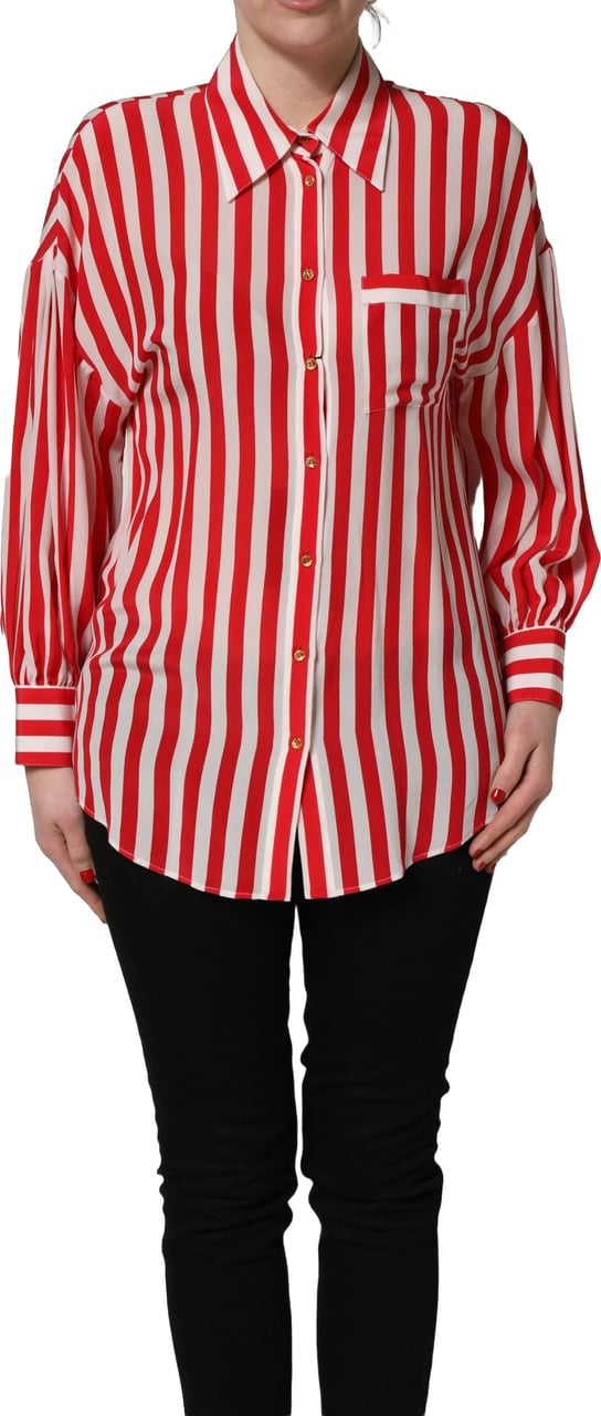 Dolce & Gabbana Red White Striped Long Sleeve Silk Blouse Top Rood