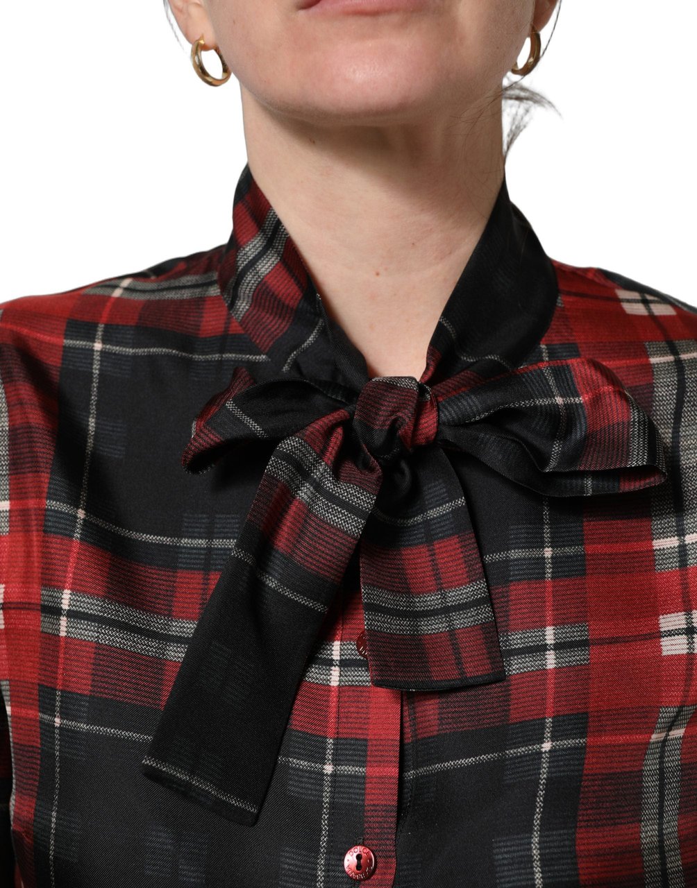 Dolce & Gabbana Red Black Plaid Silk Tie-Neck Blouse Top Zwart