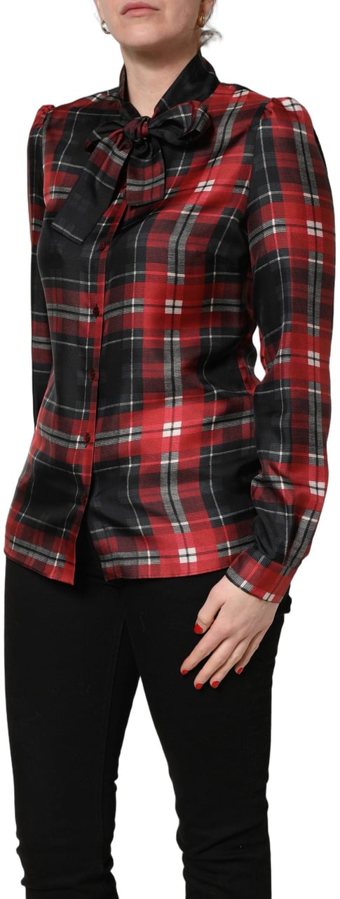 Dolce & Gabbana Red Black Plaid Silk Tie-Neck Blouse Top Zwart