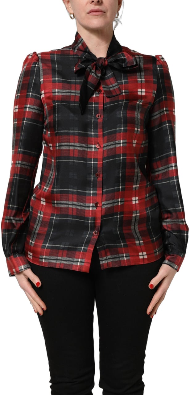 Dolce & Gabbana Red Black Plaid Silk Tie-Neck Blouse Top Zwart