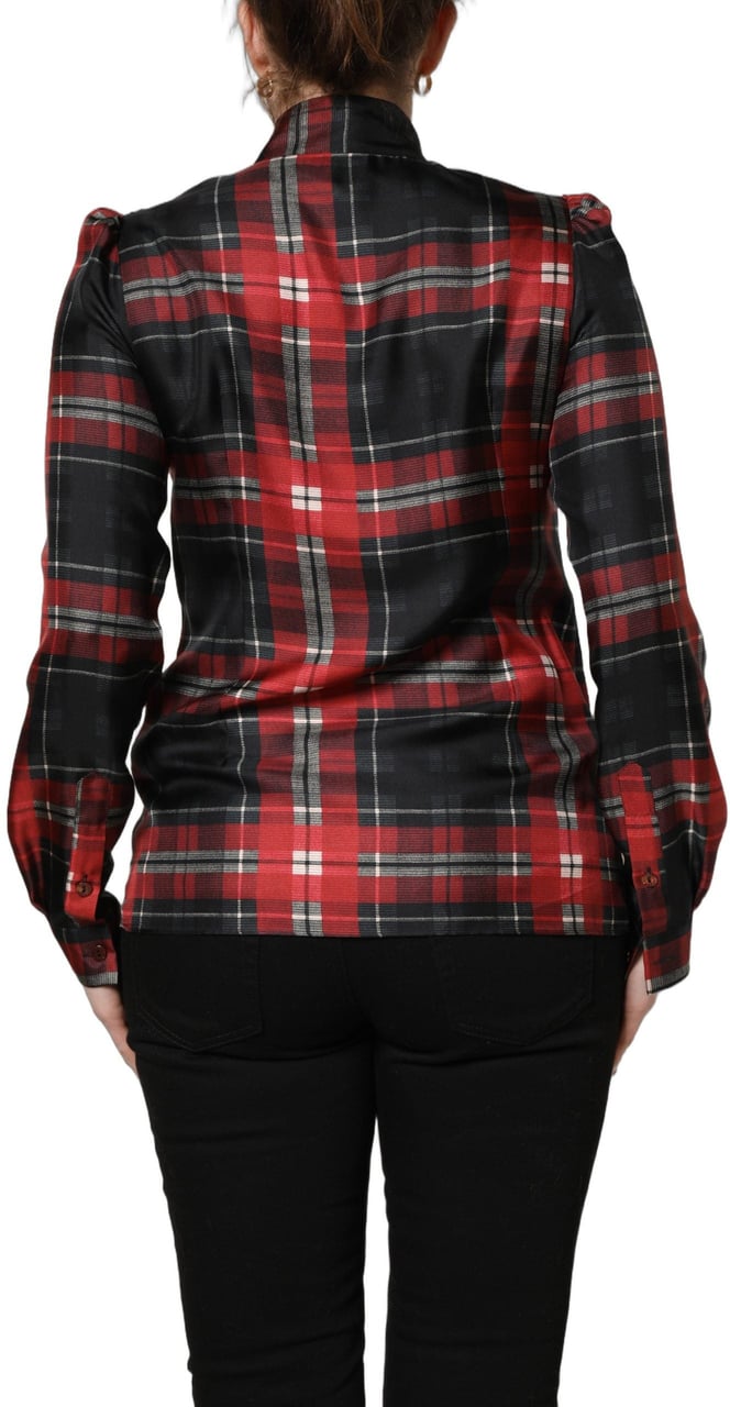 Dolce & Gabbana Red Black Plaid Silk Tie-Neck Blouse Top Zwart