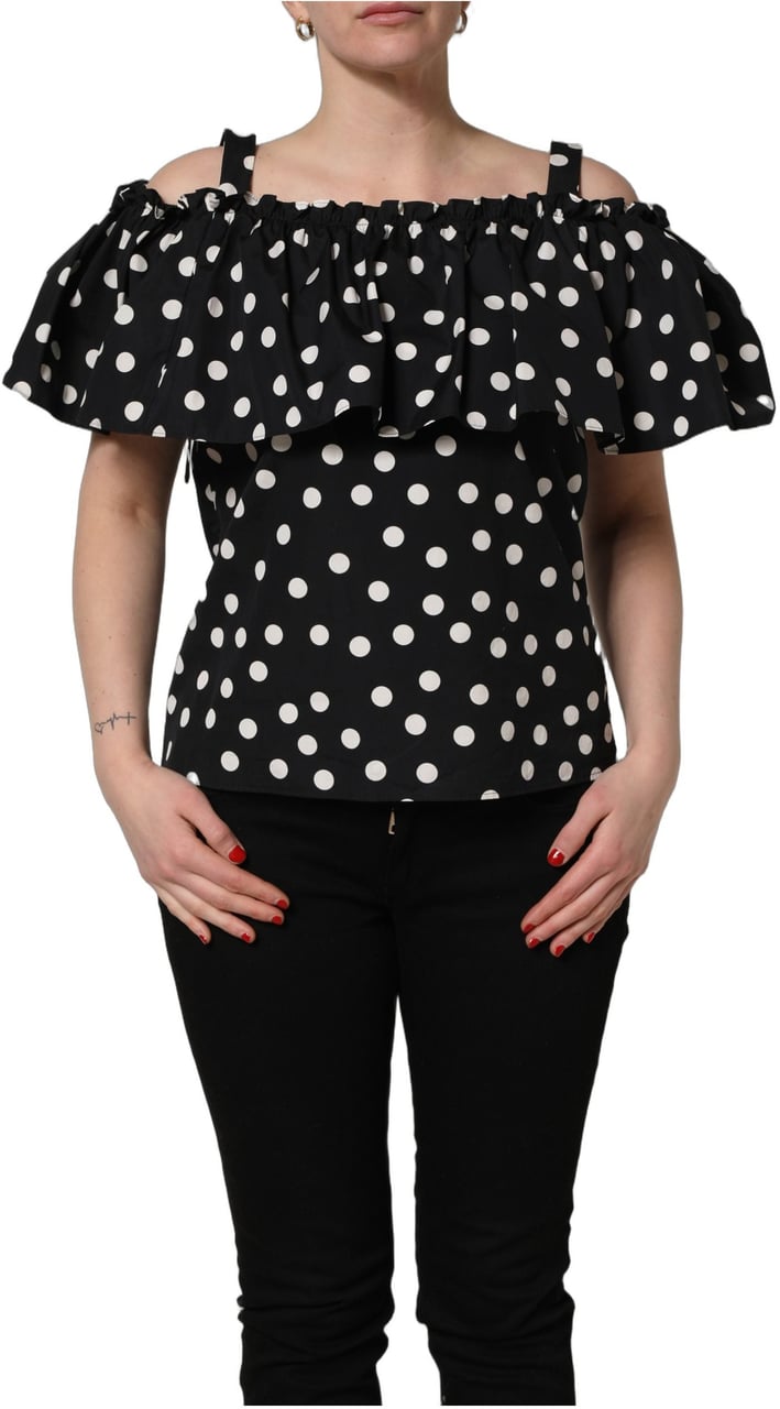 Dolce & Gabbana Black White Polka Dot Off Shoulder Top Zwart