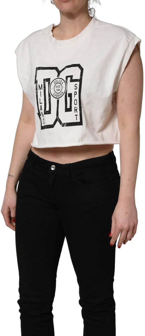 Dolce & Gabbana White Cotton DG Logo Print Cropped Jersey Top Wit