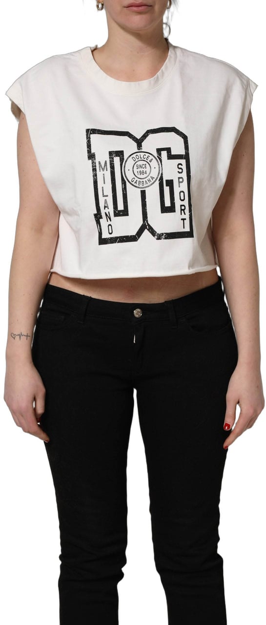 Dolce & Gabbana White Cotton DG Logo Print Cropped Jersey Top Wit