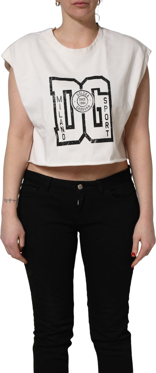 Dolce & Gabbana White Cotton DG Logo Print Cropped Jersey Top Wit