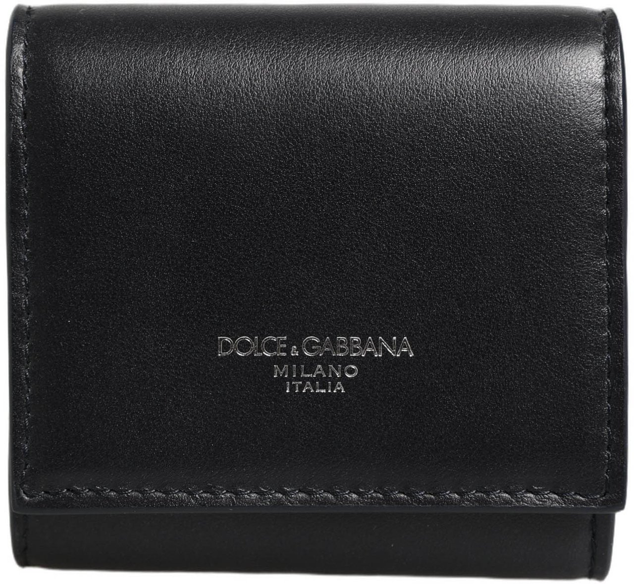 Dolce & Gabbana Black Calfskin Leather Logo Print Bifold CoinPurse Wallet Zwart