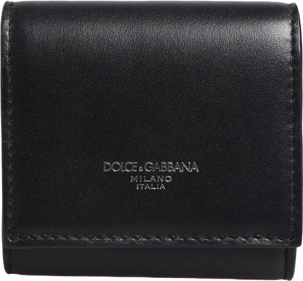 Dolce & Gabbana Black Calfskin Leather Logo Print Bifold CoinPurse Wallet Zwart