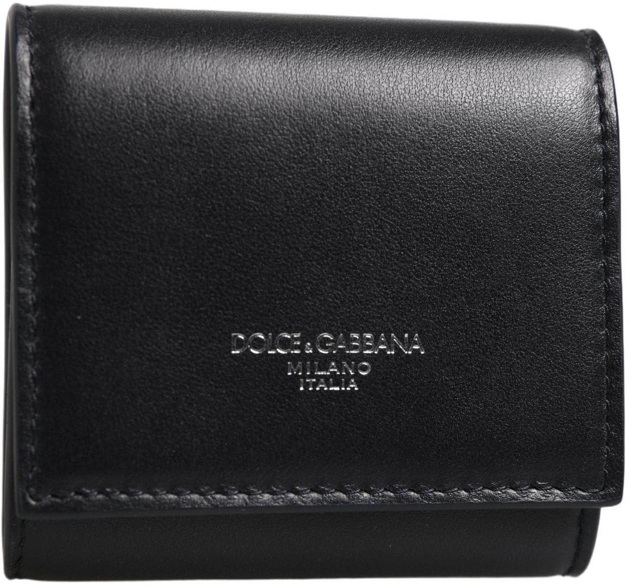 Dolce & Gabbana Black Calfskin Leather Logo Print Bifold CoinPurse Wallet Zwart