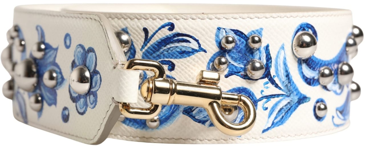 Dolce & Gabbana White Blue Floral Leather Stud Accessory Shoulder Strap Wit