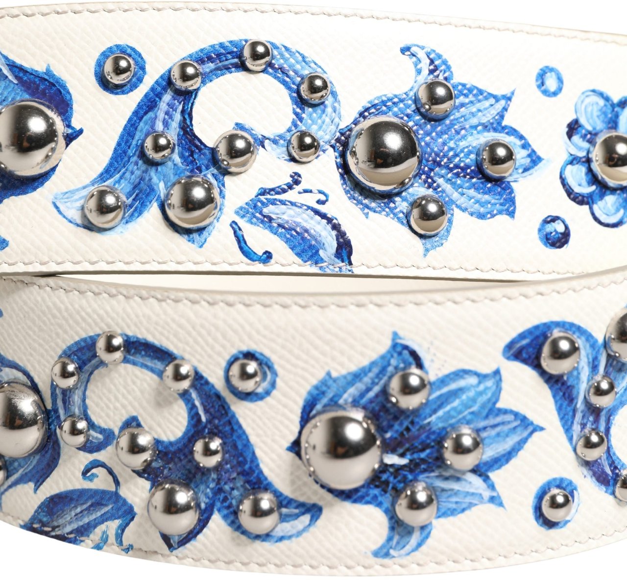 Dolce & Gabbana White Blue Floral Leather Stud Accessory Shoulder Strap Wit