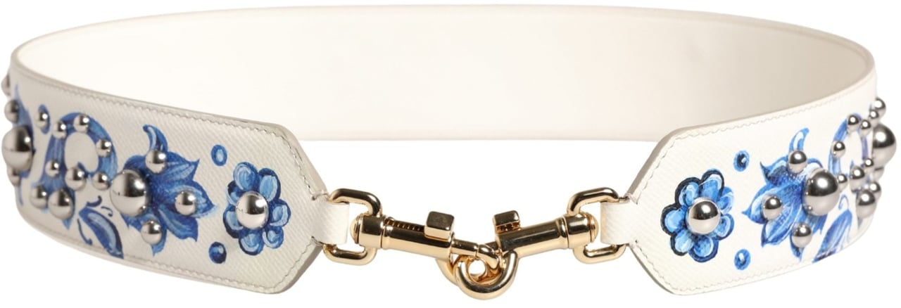 Dolce & Gabbana White Blue Floral Leather Stud Accessory Shoulder Strap Wit