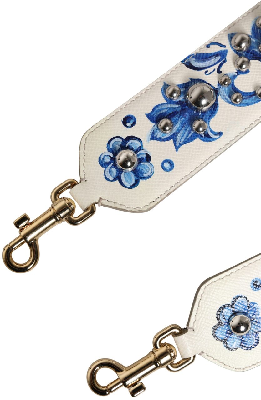 Dolce & Gabbana White Blue Floral Leather Stud Accessory Shoulder Strap Wit