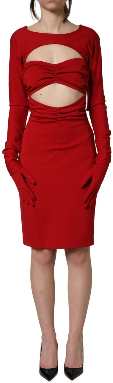 Dolce & Gabbana Red Cut Out Bodycon Long Sleeves Sheath Glove Dress Rood