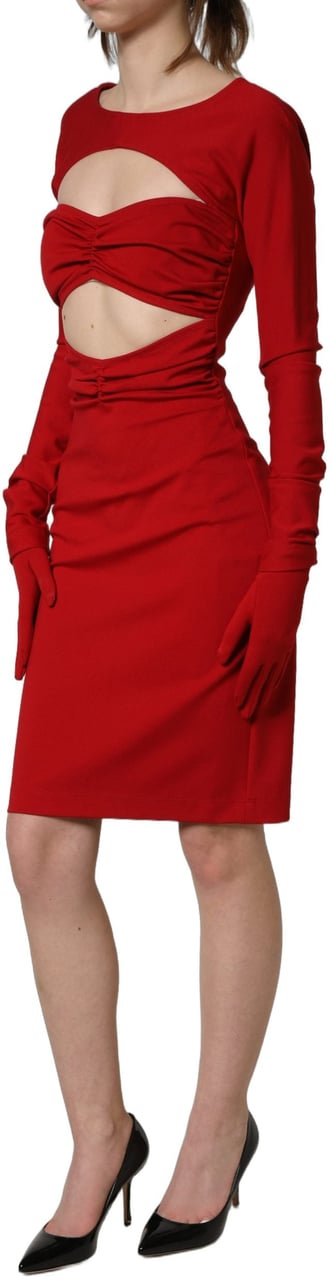 Dolce & Gabbana Red Cut Out Bodycon Long Sleeves Sheath Glove Dress Rood