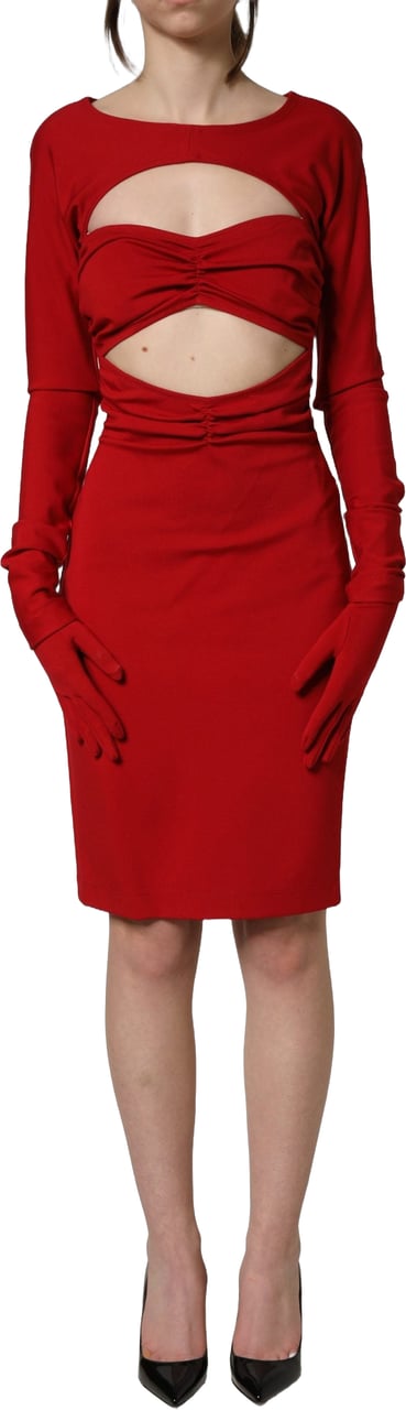 Dolce & Gabbana Red Cut Out Bodycon Long Sleeves Sheath Glove Dress Rood