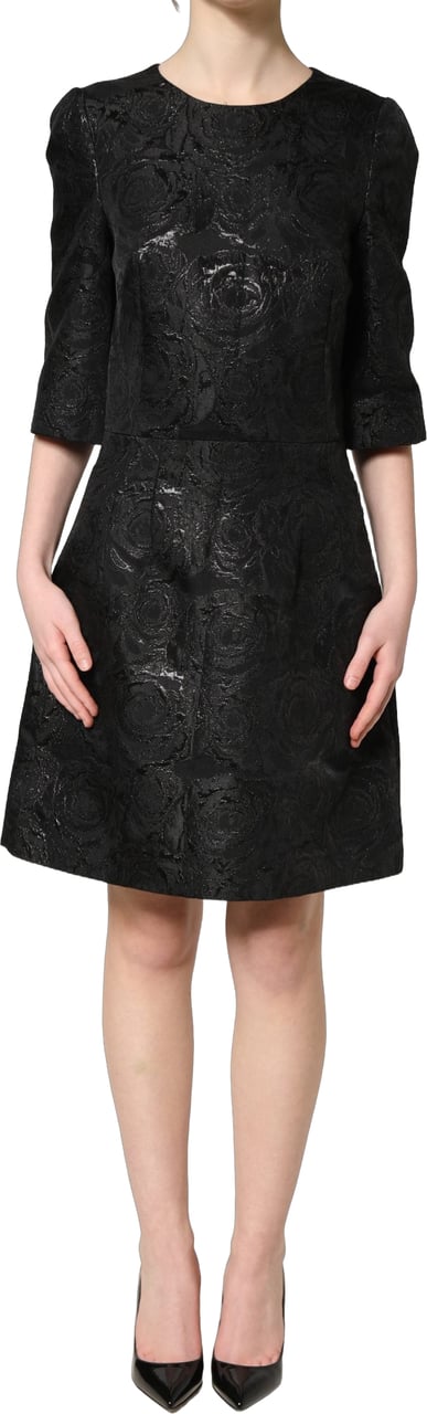 Dolce & Gabbana Black Floral Jacquard Flared A-line Dress Zwart