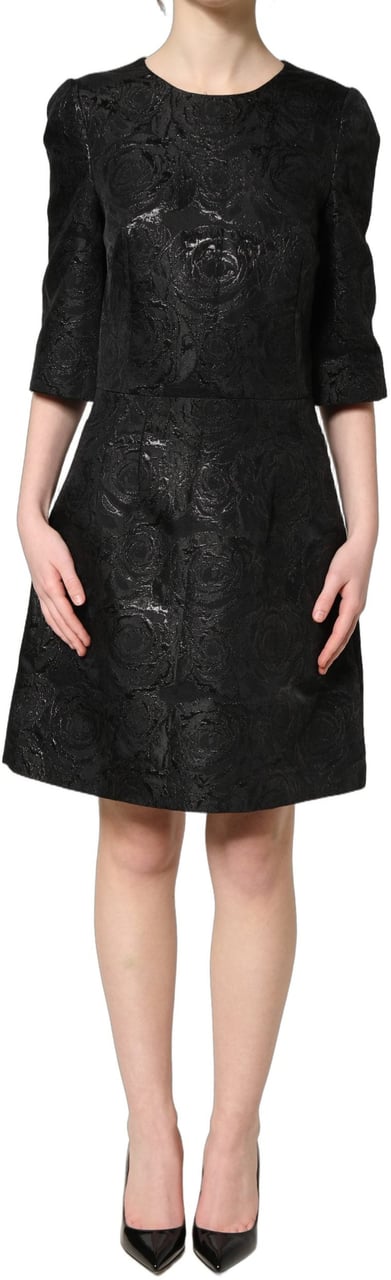 Dolce & Gabbana Black Floral Jacquard Flared A-line Dress Zwart