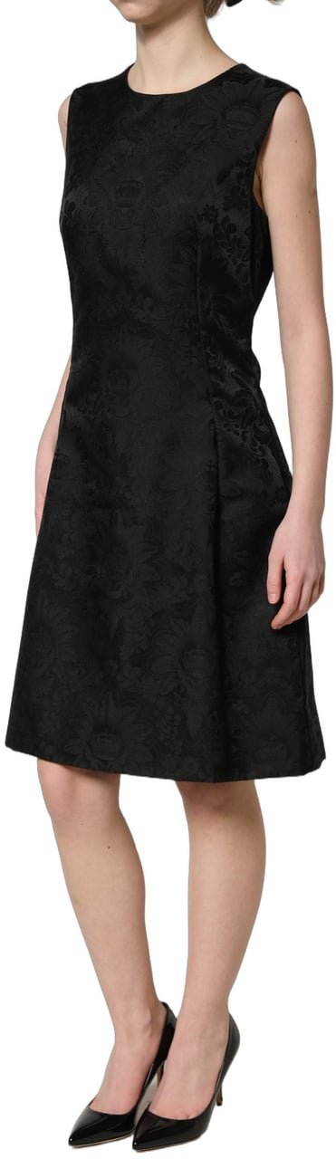 Dolce & Gabbana Black Floral Jacquard Sleeveless A-line Dress Zwart