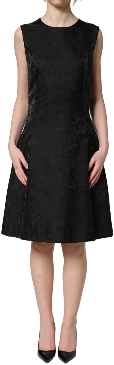 Dolce & Gabbana Black Floral Jacquard Sleeveless A-line Dress Zwart