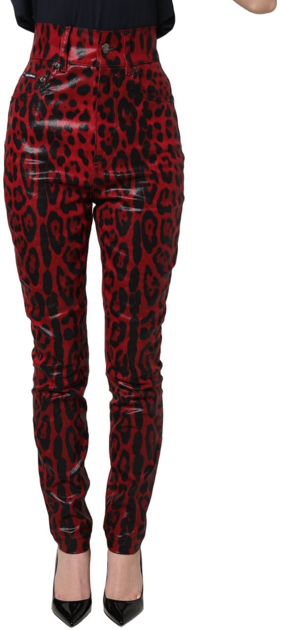 Dolce & Gabbana Red Leopard Skinny High Waist Denim Jeans Rood