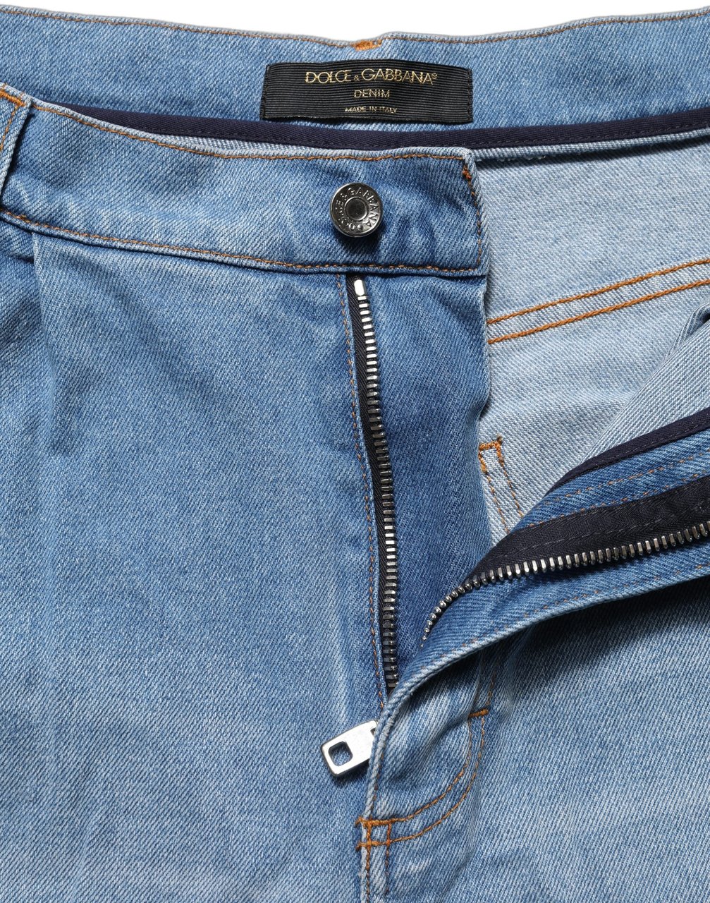 Dolce & Gabbana Blue Distressed Pleated Cotton Denim Jeans Blauw