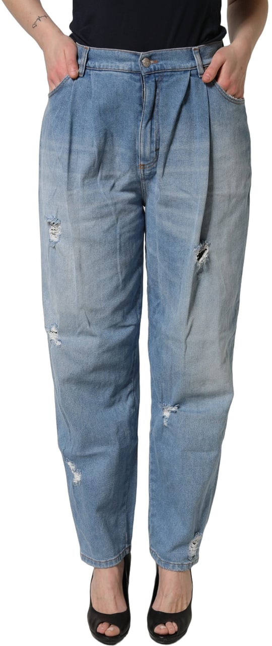 Dolce & Gabbana Blue Distressed Pleated Cotton Denim Jeans Blauw