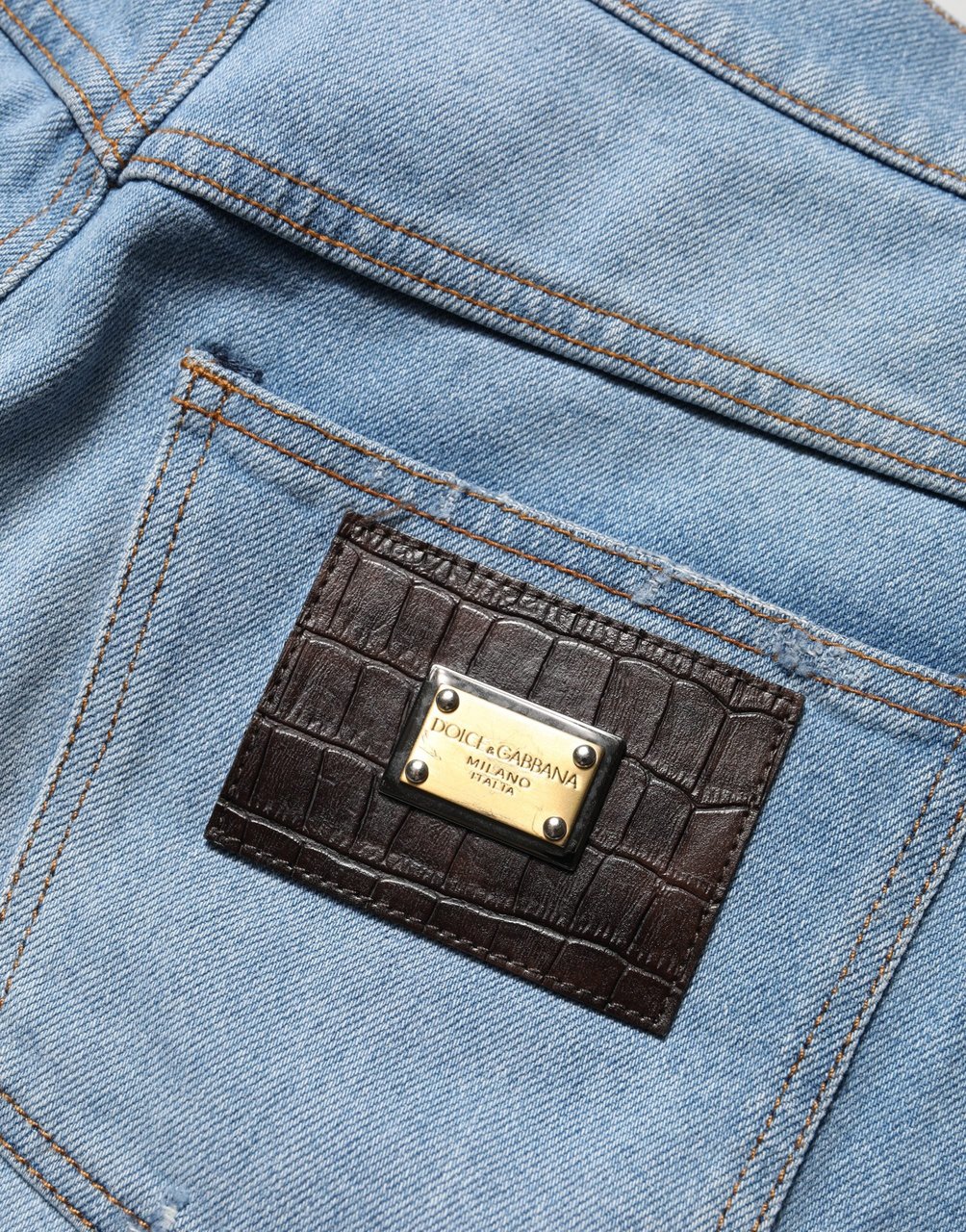 Dolce & Gabbana Blue Distressed Pleated Cotton Denim Jeans Blauw
