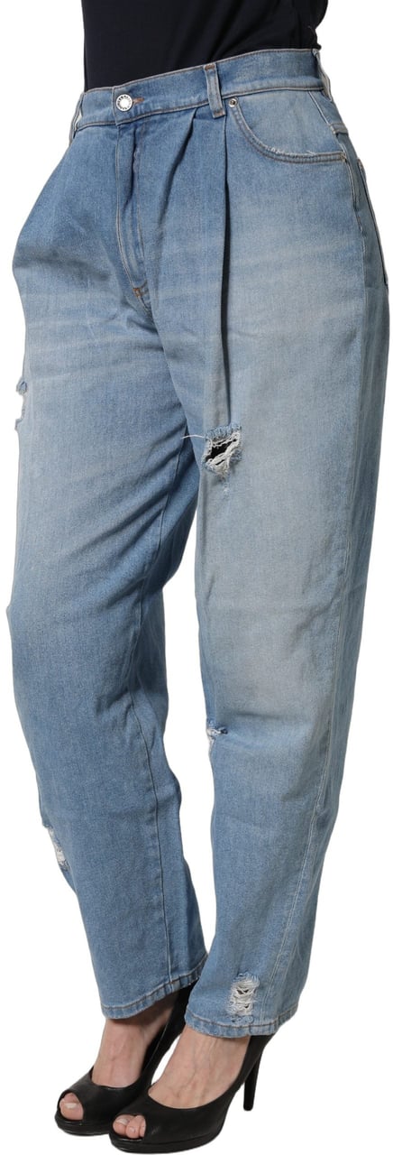 Dolce & Gabbana Blue Distressed Pleated Cotton Denim Jeans Blauw