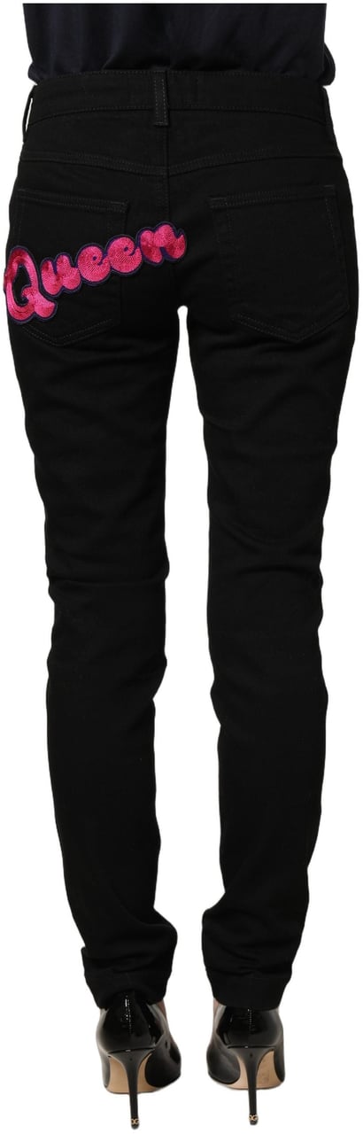 Dolce & Gabbana Black Queen Embroidery PRETTY Denim Jeans Zwart