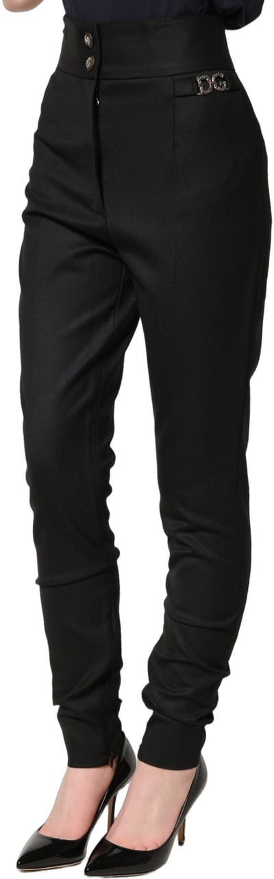 Dolce & Gabbana Black Wool High Waisted Logo Trouser Pants Zwart