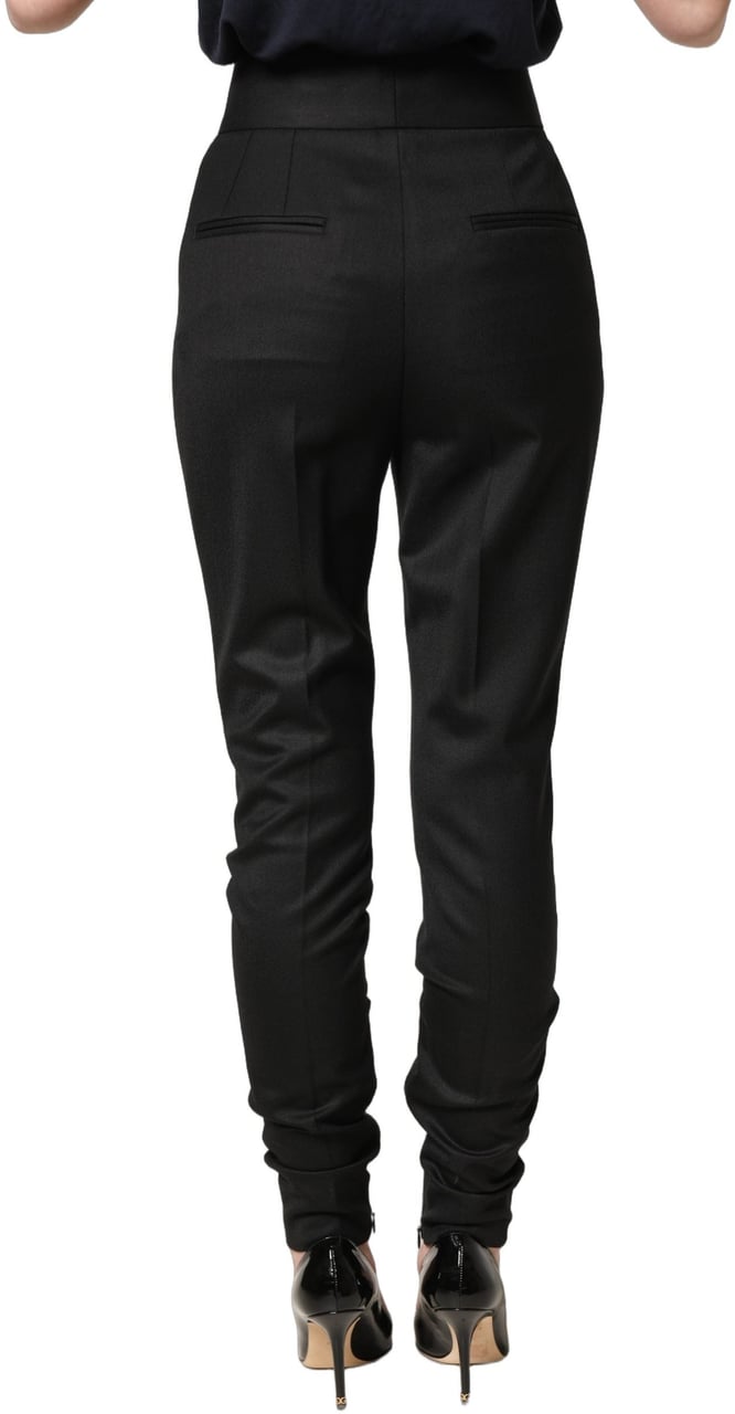 Dolce & Gabbana Black Wool High Waisted Logo Trouser Pants Zwart