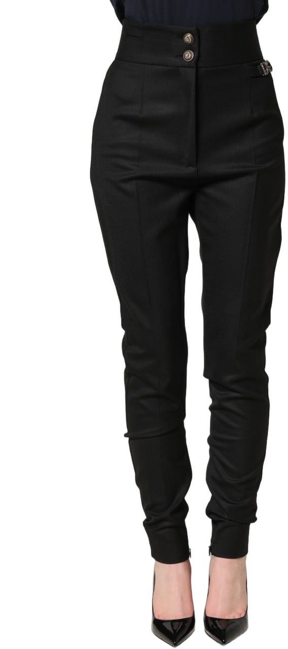Dolce & Gabbana Black Wool High Waisted Logo Trouser Pants Zwart