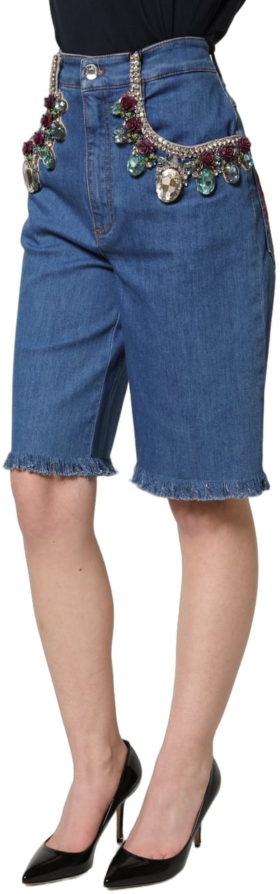 Dolce & Gabbana Blue Cotton Embellished BermudaDenim Shorts Blauw
